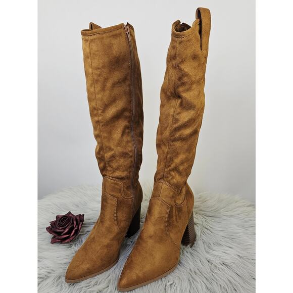 Cherish Lyndsy-11 Suede Knee High Boots Brown Block Heel Western Pointed Toe 5.5 - Picture 4 of 15